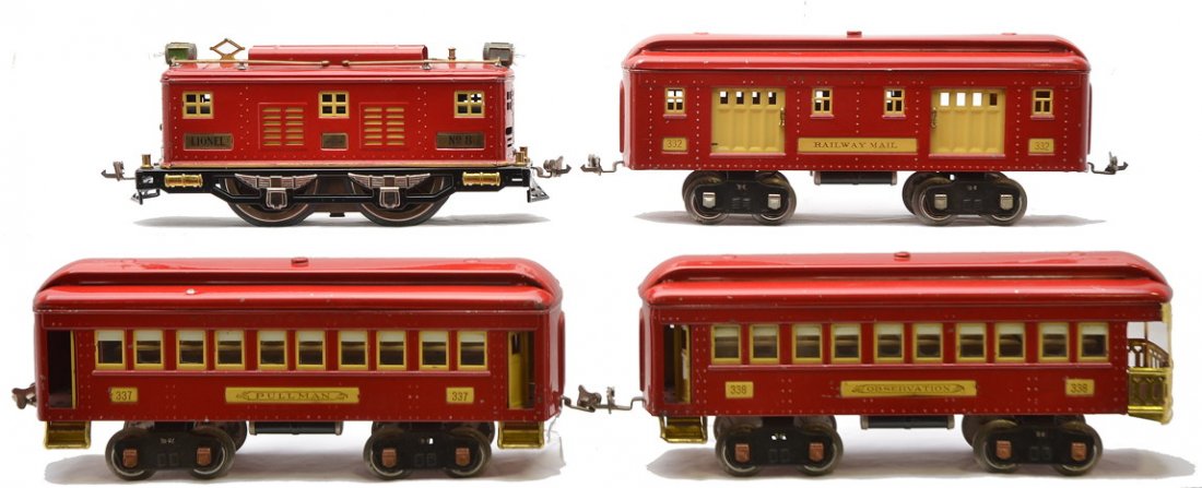 Lionel Std. Ga. Red Passenger Set no. 360: Lionel prewar standard gauge red passenger set no. 360, circa 1931 including; 8 electric loco with cream stripe and inserts, 332 baggage, 337 Pullman and a 338 observation. The cars have cream inserts