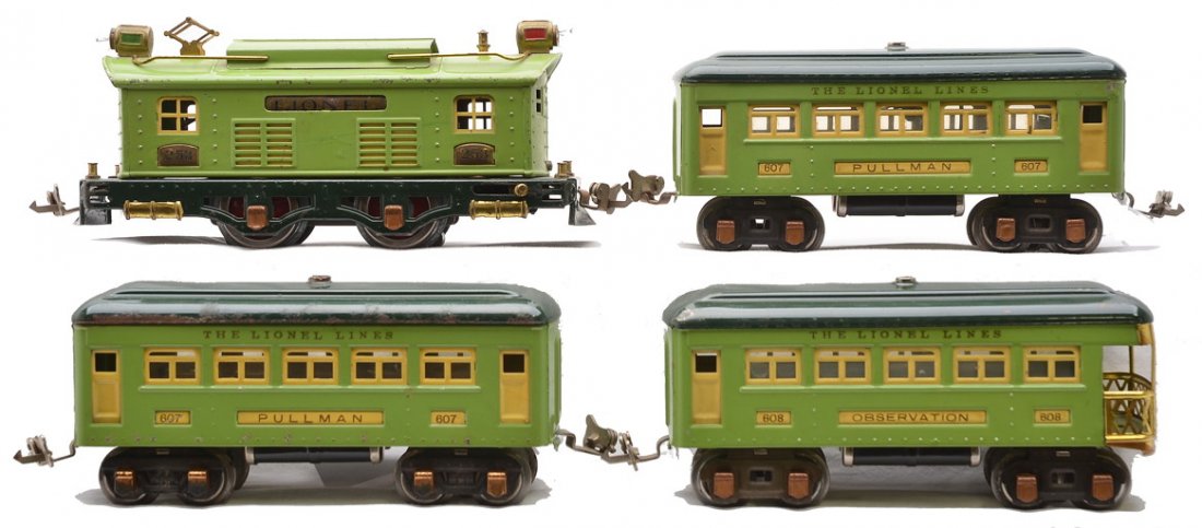 Lionel 2-Tone Green Passenger Set no. 296: Lionel prewar O gauge two-tone green passenger set no. 296 including; 253 apple green electric loco with a dark green frame, two 607 Pullmans and a 608 observation. The cars have apple green bodies, d