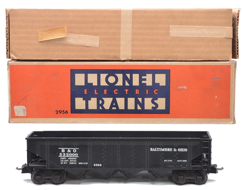 Lionel 2956 Semi-Scale B&O Hopper Boxed: Lionel prewar O gauge 2956 semi-scale black Baltimore & Ohio hopper in OB that has an original cardboard insert, C8. The OB is complete with all flaps and has tape repair.