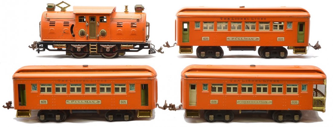 Lionel Orange Set no. 267 4 Bild-A-Loco 2-605 606: Lionel prewar O gauge orange passenger set no. 267 in individual OBs and set box, circa 1929-30 including; no. 4 Bild-A-Loco electric loco, two 605 Pullmans and a 606 observation. Cars have cream inse