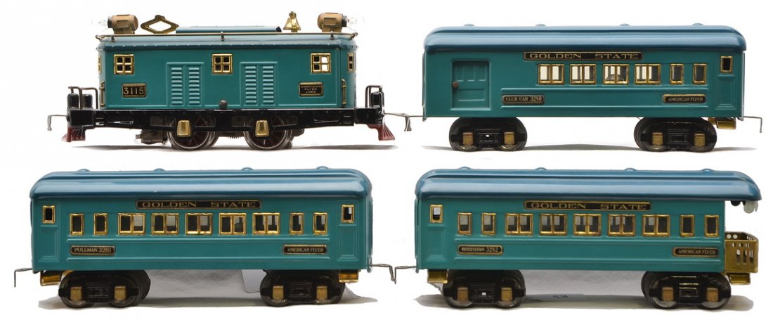 Am Flyer Golden State Passenger Set no. 1346: American Flyer prewar O gauge Golden State passenger set no. 1346 including; 3115 blue-green electric loco with darker blue roof, 3280 Club, 3281 Pullman and a 3282 observation. The cars are blue-gree