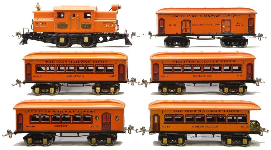 Ives Orange Lithographed Passenger Set no. 504R: Ives prewar O gauge orange lithographed passenger set 504R containing; 3255R electric loco with a long frame, 129 Saratoga Pullman, 130 Buffet and a 131 observation. The set has brass journals. The lo