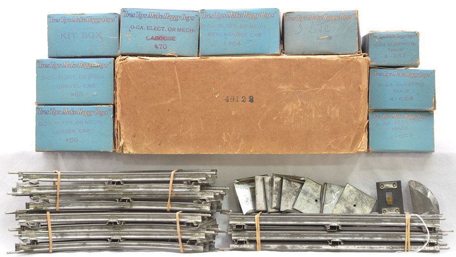 Ives Original Set Box Individual OBs ONLY 48122: Ives prewar O gauge original set box and individual boxes only for freight set no. 48122 including the boxes for a 64 merchandise car. 63 gravel car, 69 lumber car, 70 caboose and two kit boxes. Also