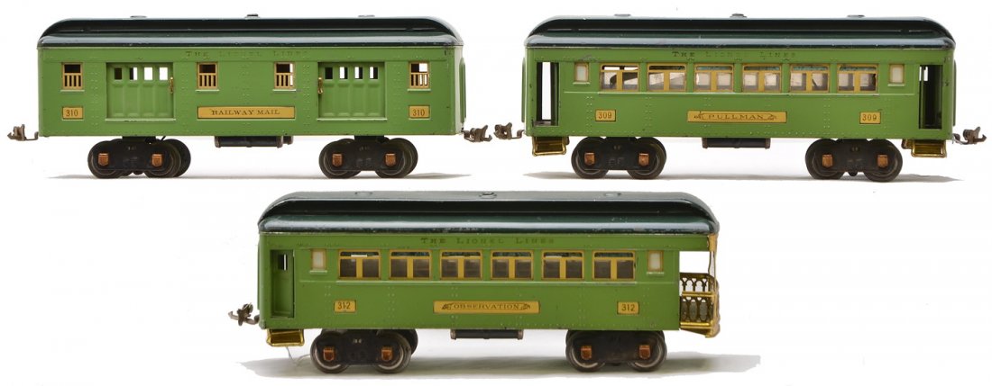 Lionel 2-Tone Green Passenger Cars 310 309 312: Lionel prewar standard gauge apple green passenger cars with dark green roofs, cream inserts and copper journals including; 310 baggage, 309 Pullman and a 312 observation, C6.