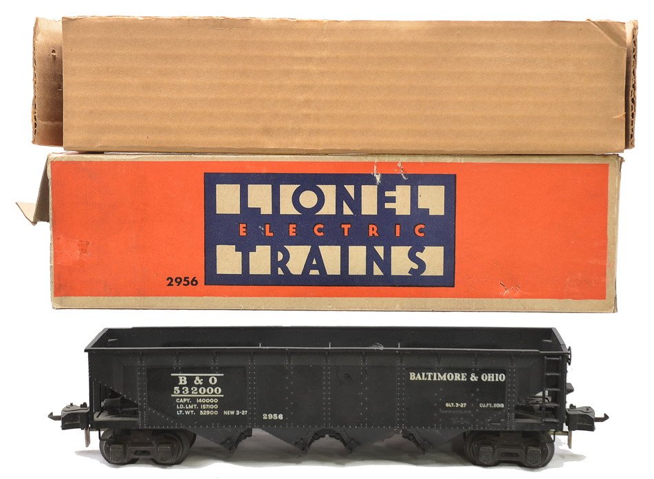 Lionel Semi-Scale 2956 B&O Hopper OB: Lionel prewar O gauge semi-scale 2956 black die-cast Baltimore & Ohio hopper in OB with original cardboard insert. There is a chip in the die-casting on the inside of one of the hopper walls. Other th