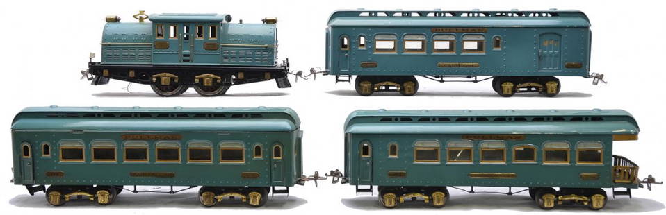 Ives Cadet Blue Transcontinental Limited Set 1036: Fantastic Ives prewar wide gauge Cadet blue Transcontinental Limited passenger set no. 1036, circa 1928 including; 3237 electric loco, 187 Club car, 188 Parlor car and a 189 observation. The cars have