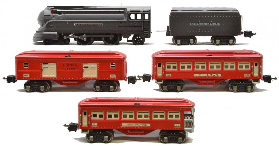 Lionel Prewar Red Passenger Set no. 298W: Lionel prewar O gauge red passenger set no. 298W including; 238E gunmetal Pennsylvania torpedo style loco, 265W tender, 602 baggage, 600 Pullman and a 601 observation. The cars have ivory inserts. The