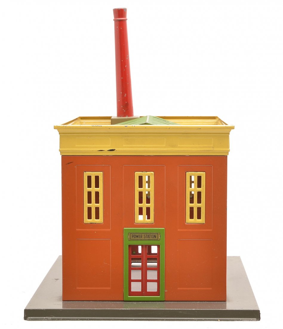 Lionel 436 Power Station w/Terra Cotta Walls: Lionel prewar 436 power station with gray base, terra cotta walls, yellow roof cornices, pea green skylight, window and door frames, red doors, Mojave chimney base and red chimney, C7.