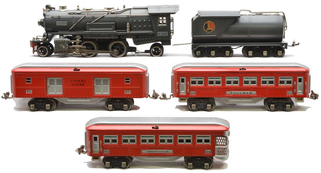 Lionel Red/Aluminum Passenger set no. 276W: Lionel prewar O gauge red and aluminum passenger set no. 276W, circa 1935 including; 255E gunmetal steam loco, 263W tender, 615 baggage, 613 Pullman and a 614 observation car. The loco and tender have
