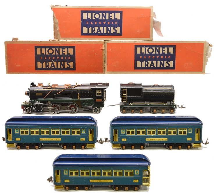 Lionel 2-Tone Blue Passenger Set no. 241E: Lionel prewar O gauge two-tone blue passenger set no. 241E including; 260E steam loco, 260T tender, two 710 Pullmans and a 712 observation. The loco and tender have green frames, brass and copper trim