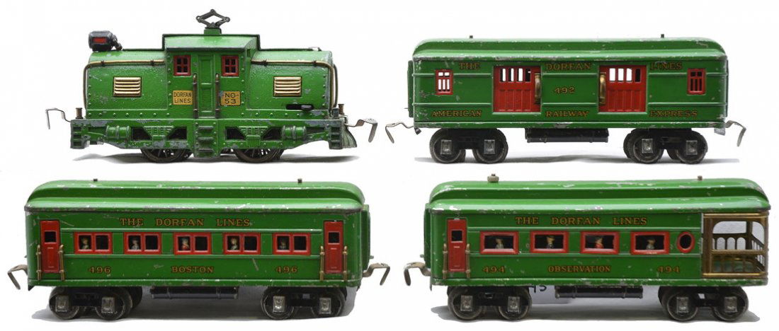 Dorfan Apple Green Pass Set 53 492 496 494: Dorfan prewar narrow gauge apple green passenger set containing; 53 take apart die-cast locomotive, 492 baggage, 496 Boston Pullman and 494 observation. The die-casting on the loco is solid and intact