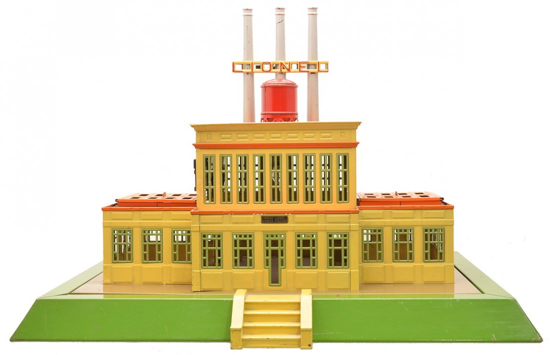 Lionel Std. Ga. 840 Industrial Power Station: Lionel prewar standard gauge 840 Industrial power station with a pea green base, Mojave floor, cream walls, apple green window inserts, orange bands around building at first and second floor levels, o