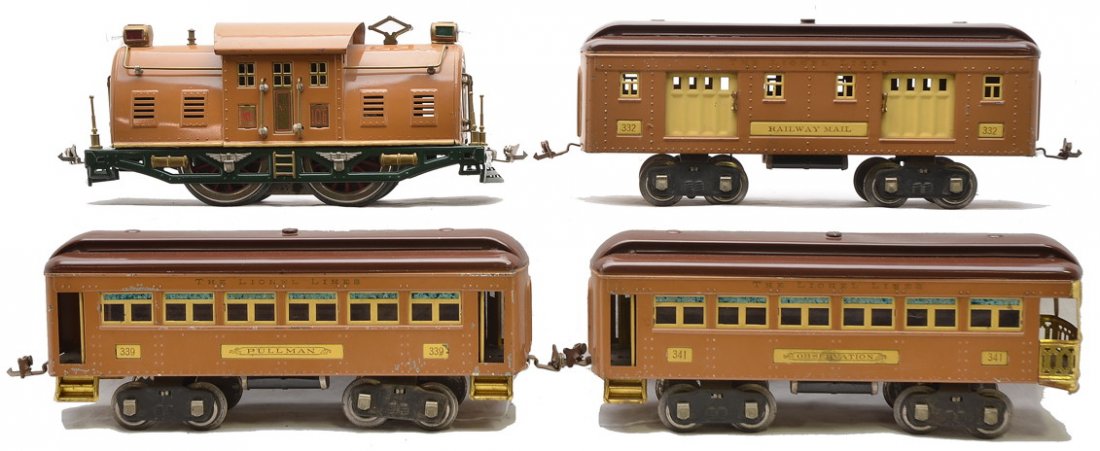 Lionel 2-Tone Brown Passenger Set no. 352E: Lionel prewar standard gauge two-tone brown passenger set no. 352E including; 10E electric loco, 332 baggage, 339 Pullman and a 341 observation. The loco has a dark green frame and has been rewheeled 