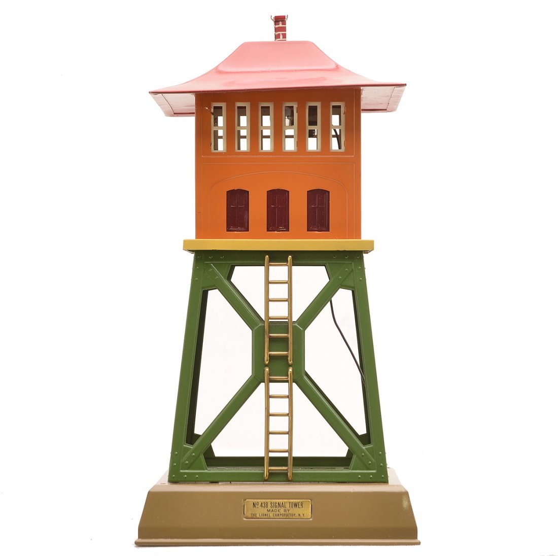 Lionel 438 Signal Tower w/Mojave Base O. Walls: Lionel prewar 438 signal tower with Mojave base, pea green tower, cream upper floor, orange building, red roof, brass ladder and plates. The tower has been professionally restored to look like new.
