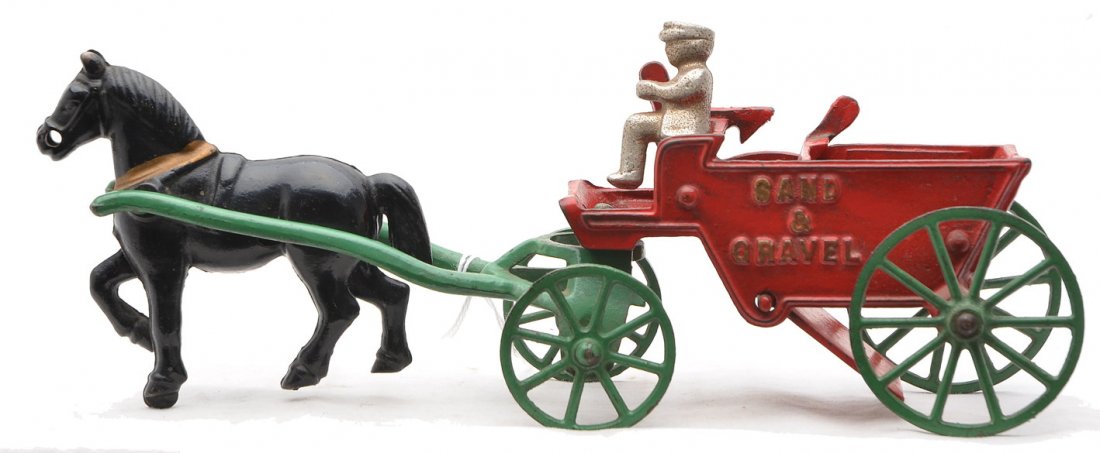 Kenton Cast Iron Horse Drawn Dump Wagon: Kenton cast iron one horse dump wagon with SAND & GRAVEL on the sides, circa 1950, C7.