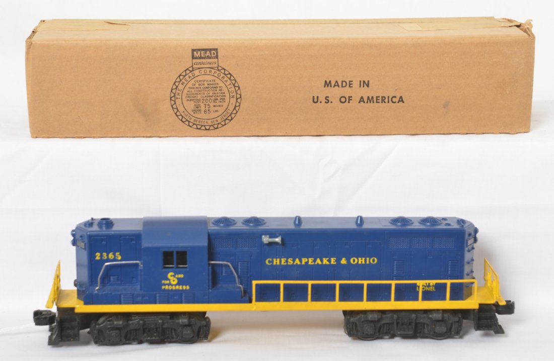 Lionel Chesapeake and Ohio 2365 GP-7 with box: Lionel Postwar O gauge 2365 Chesapeake and Ohio GP-7 diesel locomotive with OB. Loco is C7 to lower C8 with a few small scratches and very small paint nicks on the frame. OB is clean with all flaps.