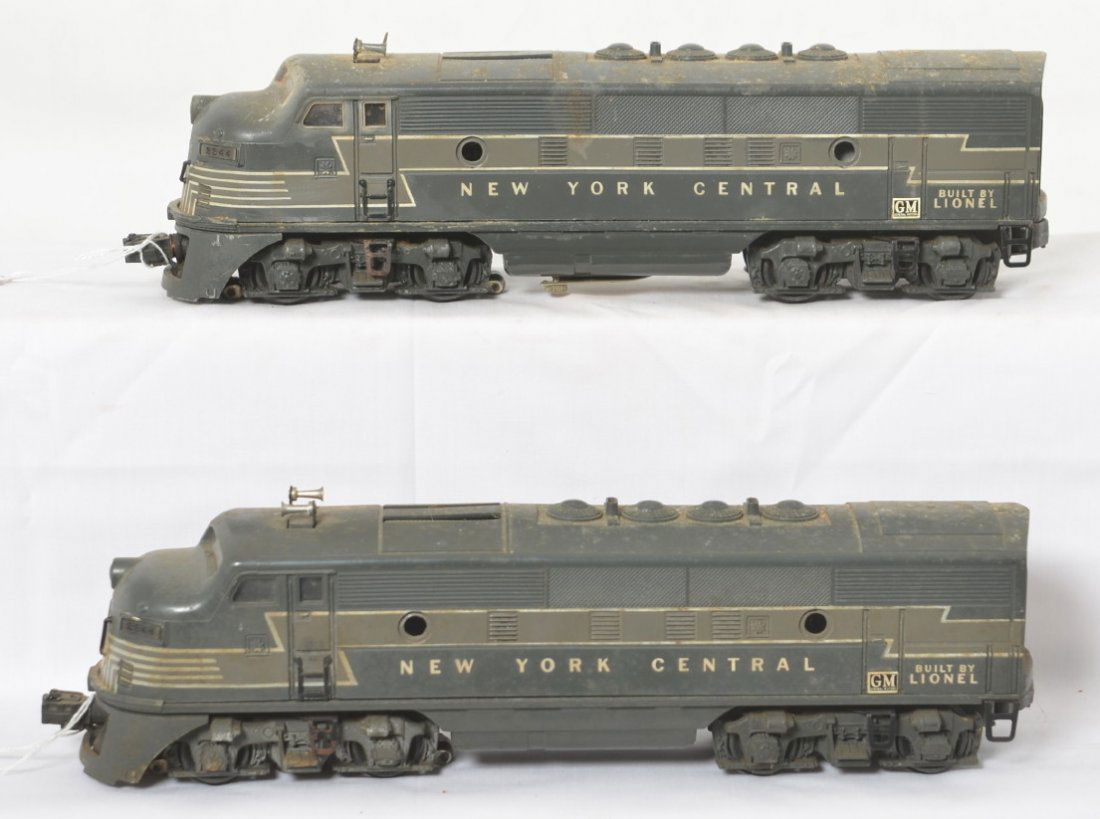 Lionel 2344 NYC F3a diesel locomotives: Postwar Lionel O gauge 2344 New York Central F3a diesel locomotives, missing porthole lens, battery damage, missing trim, etc. Trains are sold as they are shown in our photos with no returns.