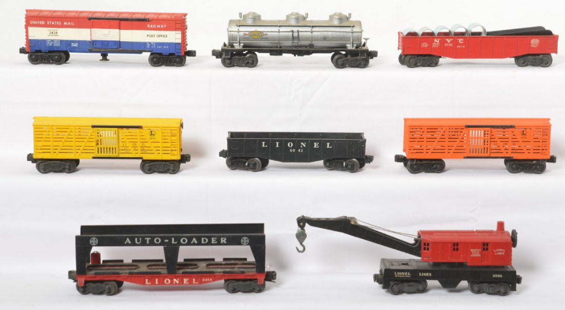 Lionel 6414, 6415, 6656, 3428, 6042, 6342, 6560, 6646: Postwar Lionel O gauge freight cars, 6414, three dome tank, 6656, 3428, 6042, 6342, 6560, 6646. This is a General Condition lot, meaning we have not examined or graded every item in the lot so the con