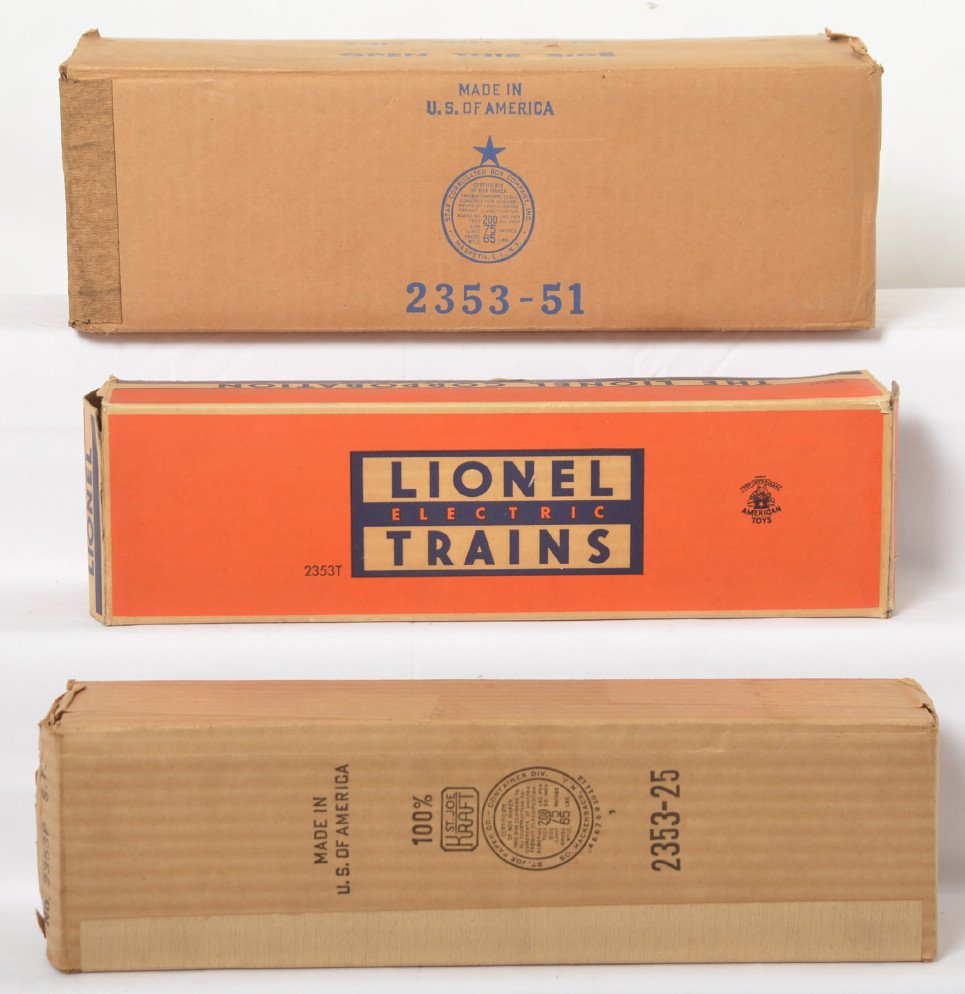 Lionel 2353 Santa Fe F3a original boxes, all three: Postwar Lionel O gauge 2353 Santa Fe twin diesel F3a locomotives original boxes, master carton C8 with some light staining. T box has missing flaps and some inner repairs, with insert. P box looks 9+.