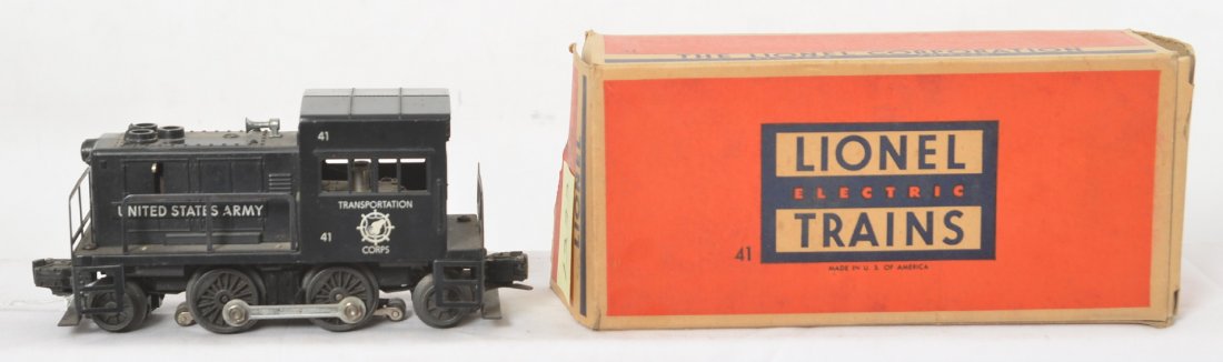 Lionel 41 U.S. Army diesel switcher in OB w/insert: Postwar Lionel O gauge No. 41 United States Army diesel switcher in original box with insert. One cracked window strut, otherwise C6. Box has tears to end flaps, otherwise square and solid.