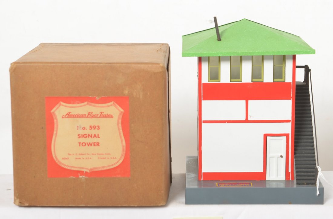 American Flyer 593 signal tower in OB w/insp. slip: Prewar American Flyer narrow gauge No. 593 signal tower in original box with inspection slip, C8. Box looks C7-8.