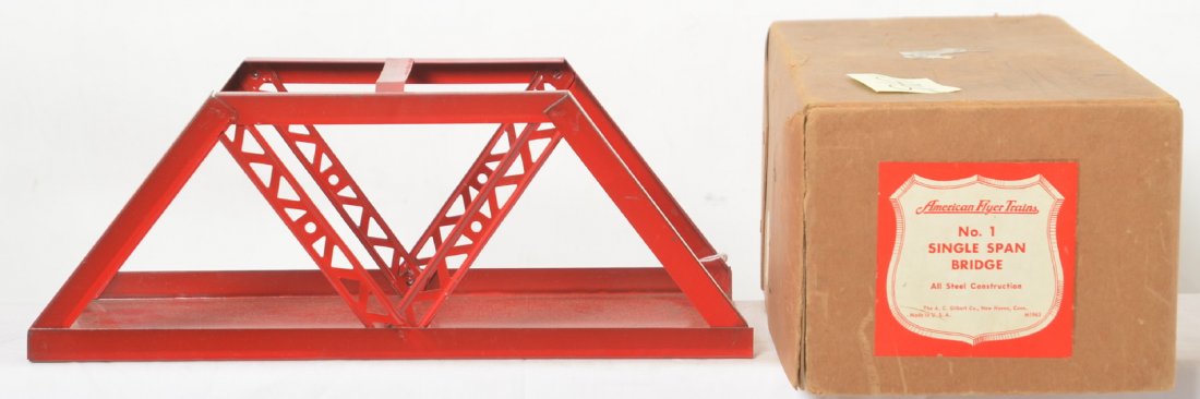 American Flyer No. 1 single span bridge in OB: Prewar American Flyer narrow gauge No. 1 single span bridge in OB, C6 with very nice decals. Box has vintage Christmas stickers, otherwise C8.