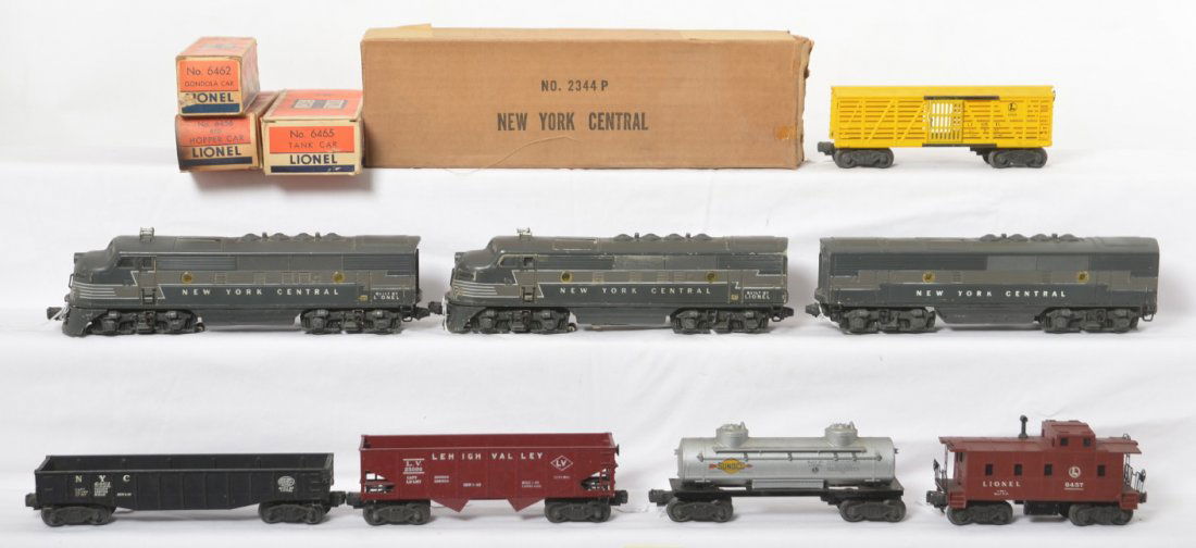 Lionel 2344P, T, C, 6456, 6656, 6462, 6465, 6457: Postwar Lionel O gauge 2344P, 2344C, 2344T New York Central EMD F3 A-B-A diesel units, 6456 LV hopper, 6656 stockcar, 6462 NYC gondola, 6465 Sunoco tank, and 6457 illuminated caboose. Trains look nice