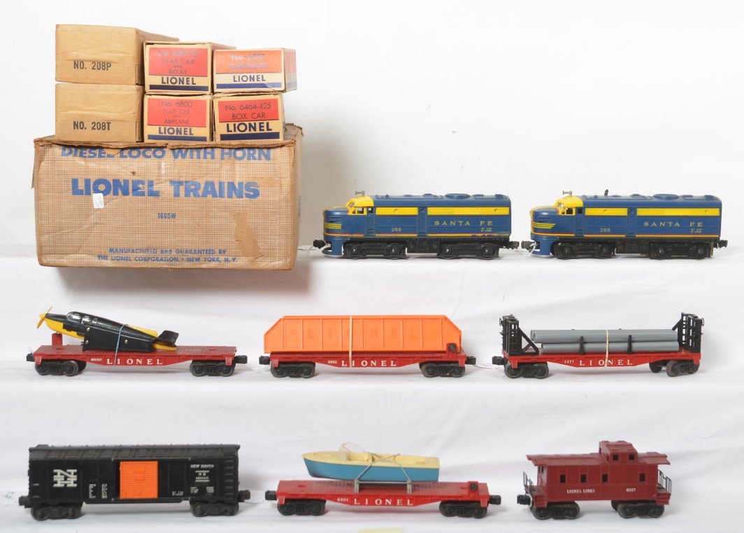 Boxed Lionel 1605W set w/factory error 6017...: Postwar Lionel O gauge 1605W diesel freight set with 208P & 208T Santa Fe Alco diesel A units with 6464-425 NH boxcar, 6800 flat w/black over yellow original airplane, 6477 miscellaneous car w/pipes,