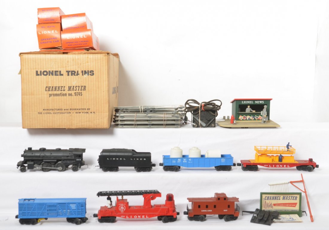 Lionel Channel Master Promotion No. 9745 boxed set: Postwar Lionel O gauge Channel Master Promotion No. 9745 boxed set with 243 steam loco, unnumbered tender, 6162-1 NYC gondola w/canisters, 3512 operating fireman and ladder car (missing one ladder), 6