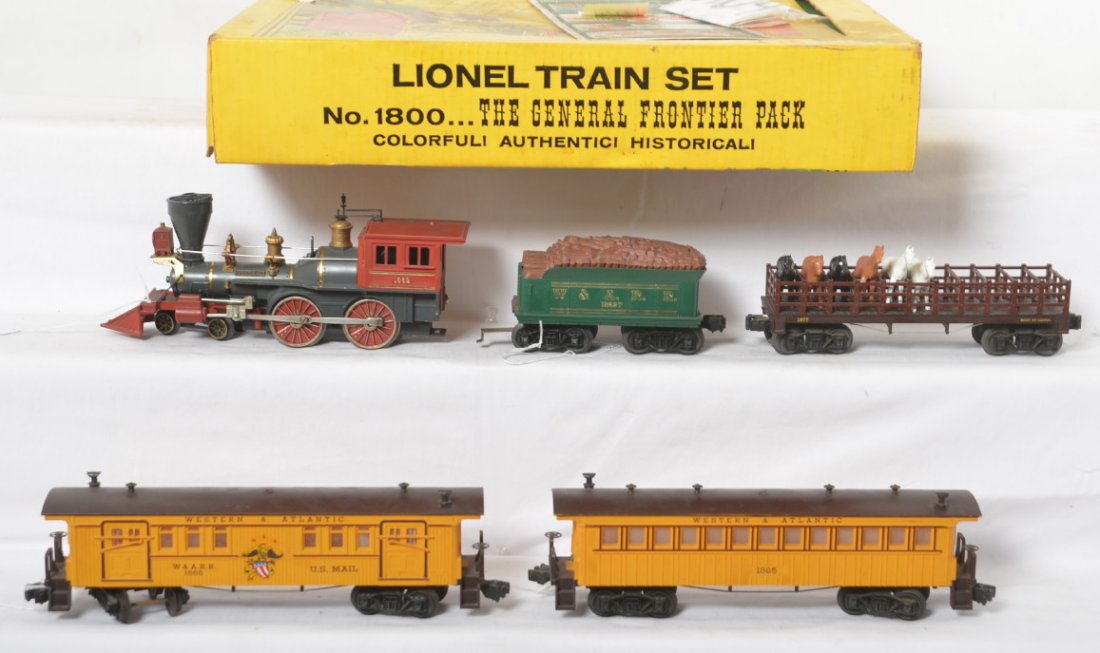 Lionel No. 1800 The General Frontier Pack in OB: Postwar Lionel O gauge No. 1800 The General Frontier Pack set in original box. 1862 steam loco and 1862T Western and Atlantic Railroad The General steam loco and tender with 1877 horse car (horses and