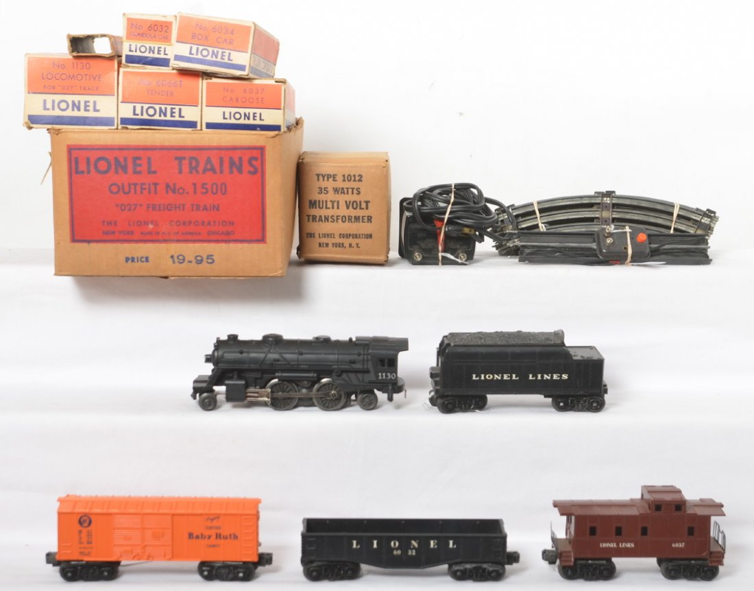 Lionel Outfit No. 1500 w/1130/6066T, 6032, 6034, 6037: Postwar Lionel O gauge Semi-Scout Outfit No. 1500 steam freight set with 1130 loco, 6066T tender, 6032 gondola, 6034 PRR Baby Ruth boxcar, and 6037 caboose. Trains look C7 area. Boxes have missing and