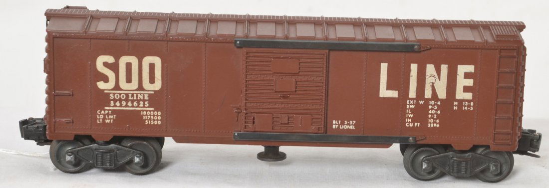 Lionel 3494-625 Soo Line operating boxcar: Postwar Lionel O gauge 3494-625 Soo Line operating boxcar. One chipped step, otherwise very nice C6+.