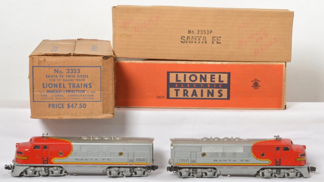 Lionel 2353 Santa Fe twin diesel F3a units in OB: Postwar Lionel O gauge No. 2353 Santa Fe twin EMD F3a diesel locomotives in original boxes and master carton. Trains are nicer C6 with original porthole lens and clean battery compartment. 2353T has m