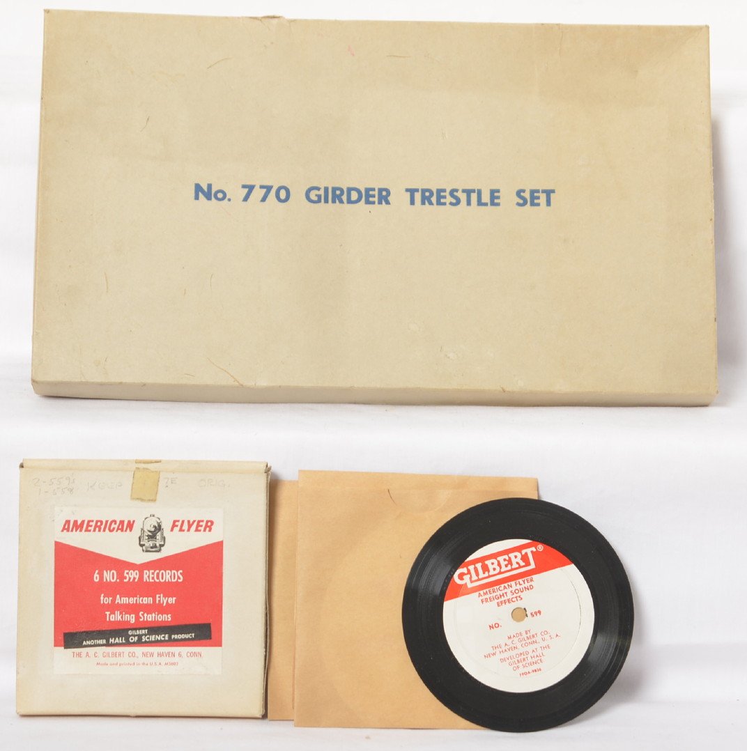 American Flyer 6 No. 599 records and 770 trestle in OB: Postwar American Flyer S gauge 6 No. 599 records for talking stations and No. 770 girder trestle set. Three records in original box. Trestle set may or may not be complete. Record box has mostly detac