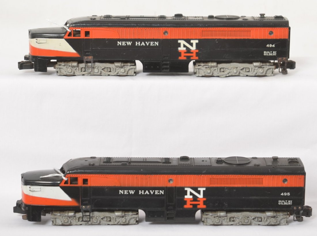 American Flyer 494/495 New Haven Alco PA-1 units: Postwar American Flyer S gauge 494/495 New Haven Alco PA-1 diesel locomotive units, missing horns, missing antenna tips, C6.