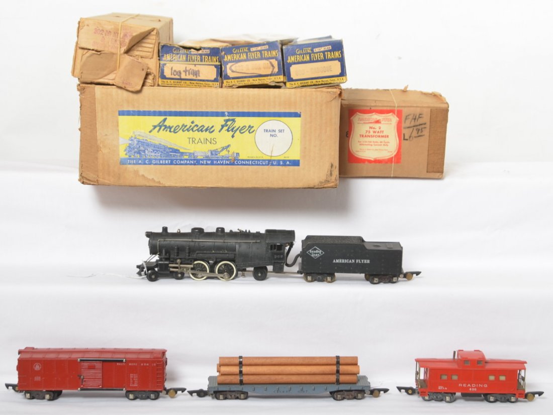 American Flyer Train Set No. 126 S? 302, 628, 633, 630: Postwar American Flyer S gauge train set in original box, catalog number looks to be 126 S. Set is comprised of; 302 Reading Lines steam loco and tender with smoke, 628 N&W log car, 633 Baltimore and