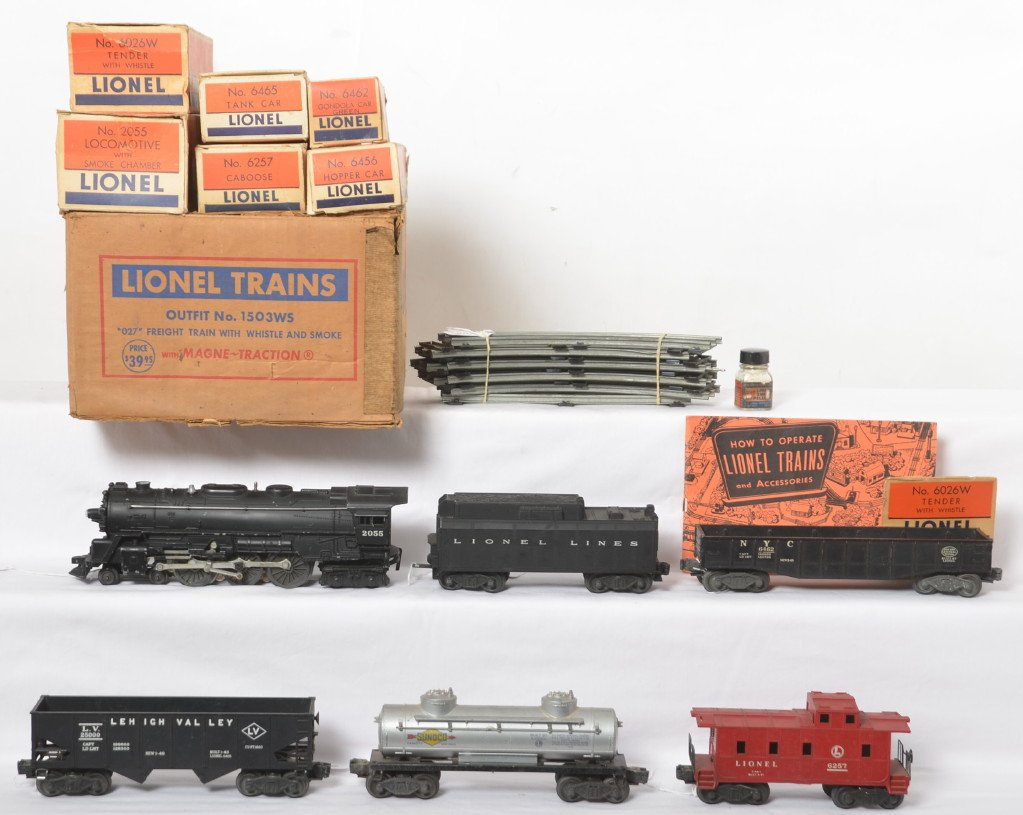 Lionel boxed 1503WS 2055/6026W, 6462, 6456, ...: Postwar Lionel O gauge boxed 1503WS steam freight set with whistle, smoke, and Magne-Traction. Set is comprised of: 2055 steam locomotive with 6026W whistle tender, 6462 NYC gondola, 6456 LV hopper, 6
