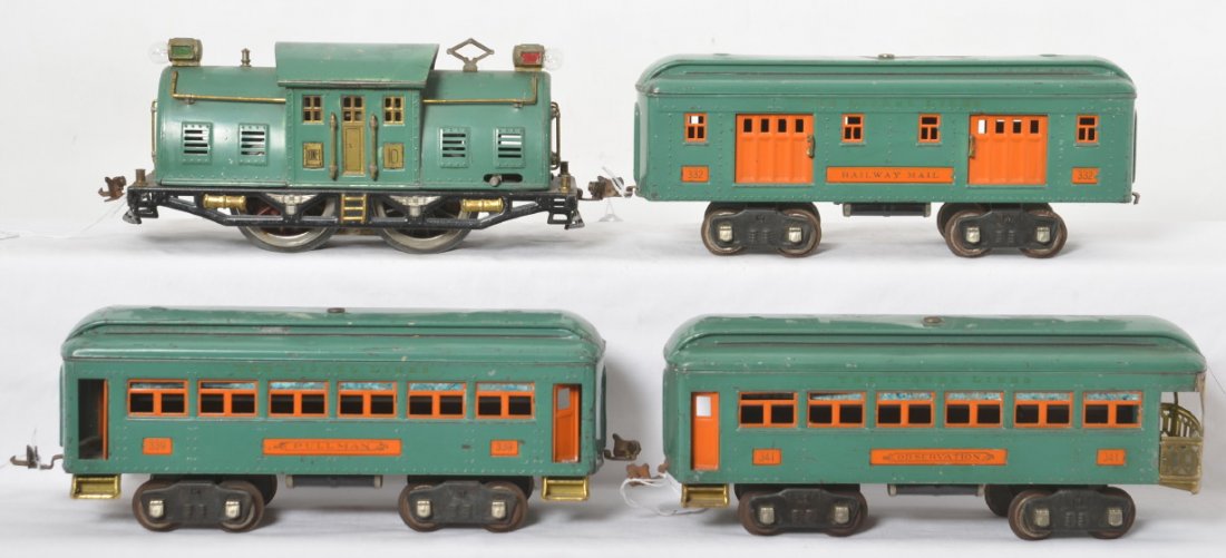 Lionel 10 loco, 332, 339, 341 passenger in Peacock & Or: Prewar Lionel standard gauge passenger train in Peacock with orange inserts and nickel trim, C6. No. 10 center cab electric, 332 baggage car (missing a coupler), 339 coach, and 341 observation.