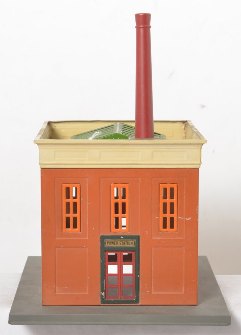 Lionel Power Station tinplate building: Prewar Lionel O/standard gauge Power Station building, repro skylight, repainted base and chimney? Building looks C6.