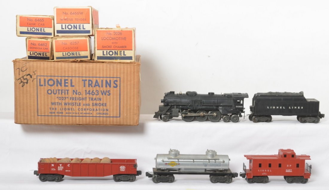 Boxed Lionel 1463 WS 2026/6466W, 6462, 6465, 6257: Postwar Lionel O gauge Outfit No. 1463 WS freight train with smoke and whistle in original boxes. Set is comprised of: 2026 steam loco and 6466W whistle tender with 6462 painted red NYC gondola six wo