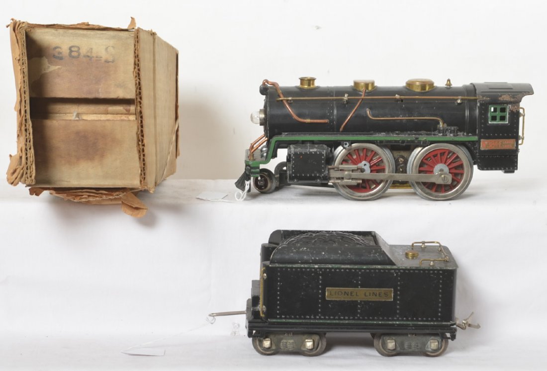 Lionel 384E in OB w/ 384T black steam w/green stripe: Prewar Lionel standard gauge No. 384E black steam locomotive with green stripe and 384T black tender with green stripe. Loco has been rewheeled. Loco and tender has a little light surface rust and oxi