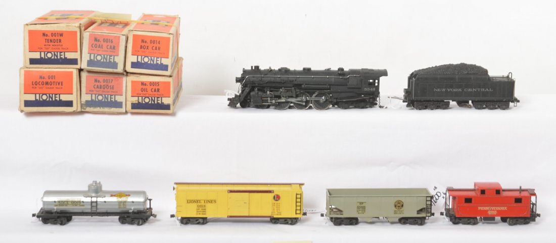 Lionel OO ga. 001/001W, 0014, 0015, 0016, 0017 in OB: Postwar Lionel OO gauge 001 New York Central Lines Hudson steam locomotive and 001W NYC whistle tender missing rear coupler knuckle with 0014 Lionel Lines boxcar, 0015 Sunoco tank, 0016 Southern Pacif