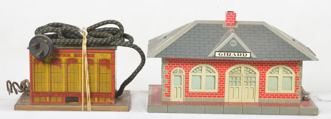 Marx O ga. Girard transformer and Girard whistle: Marx O gauge Girard Factory toy train transformer and Girard Passenger Freight Station, C6.