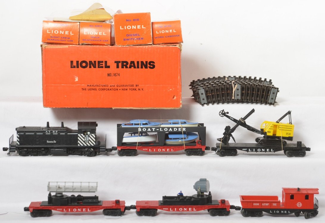 Lionel 9674 616 SF NW-2 diesel Super O freight set in: Postwar Lionel O gauge 9674 diesel switcher freight set in original box, 616 SF NW-2 diesel switcher, 6812 track maintenance car, 6822 night crew searchlight car, 6827 P&H shovel on flat, 6670 flat wi