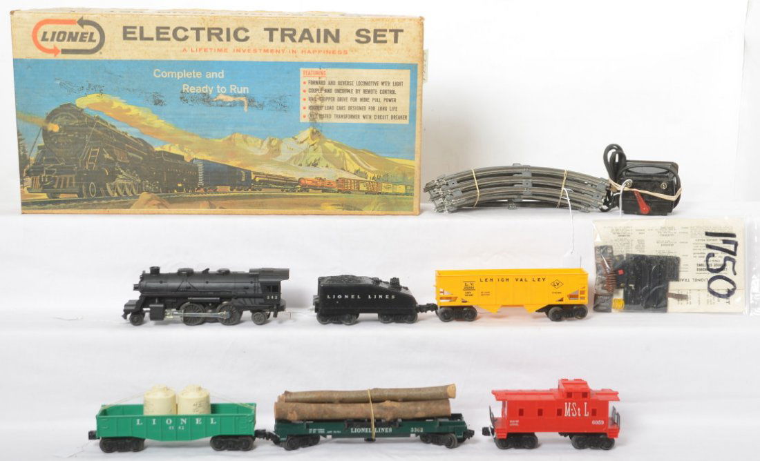 Lionel 11520 6-Unit Steam Freight in OB w/242....: Postwar Lionel O gauge No. 11520 6-Unit Steam Freight set in original box consisting of: 242 steam locomotive and slopeback tender with 6142 canister car w/two white canisters, LV hopper, 3362 log car