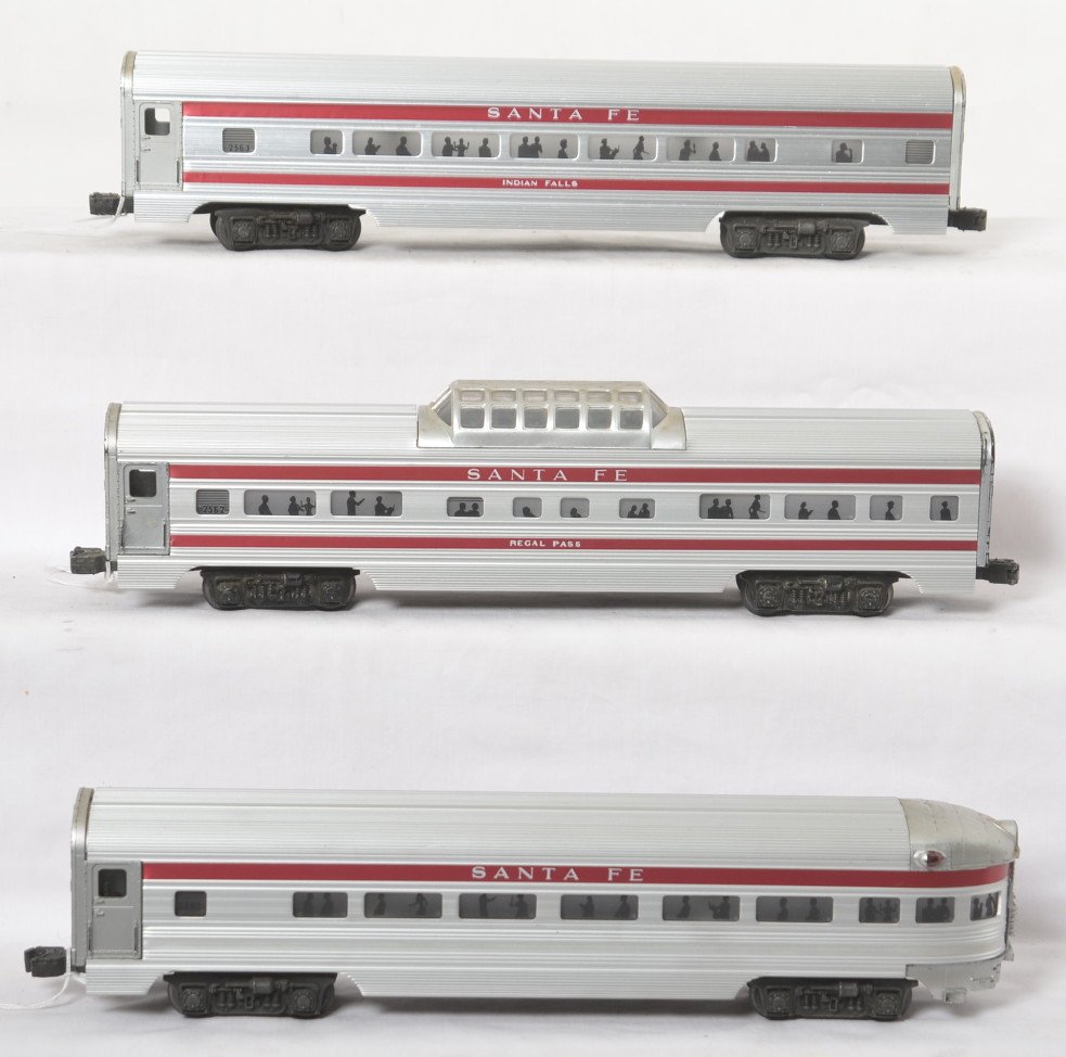 Lionel 2561, 2562, and 2563 Santa Fe passenger cars: Postwar Lionel O gauge 2561 Vista Valley observation, 2562 Regal Pass vista dome, and 2563 Indian Falls Pullman coach, passenger cars with reproduction stripes, C6.