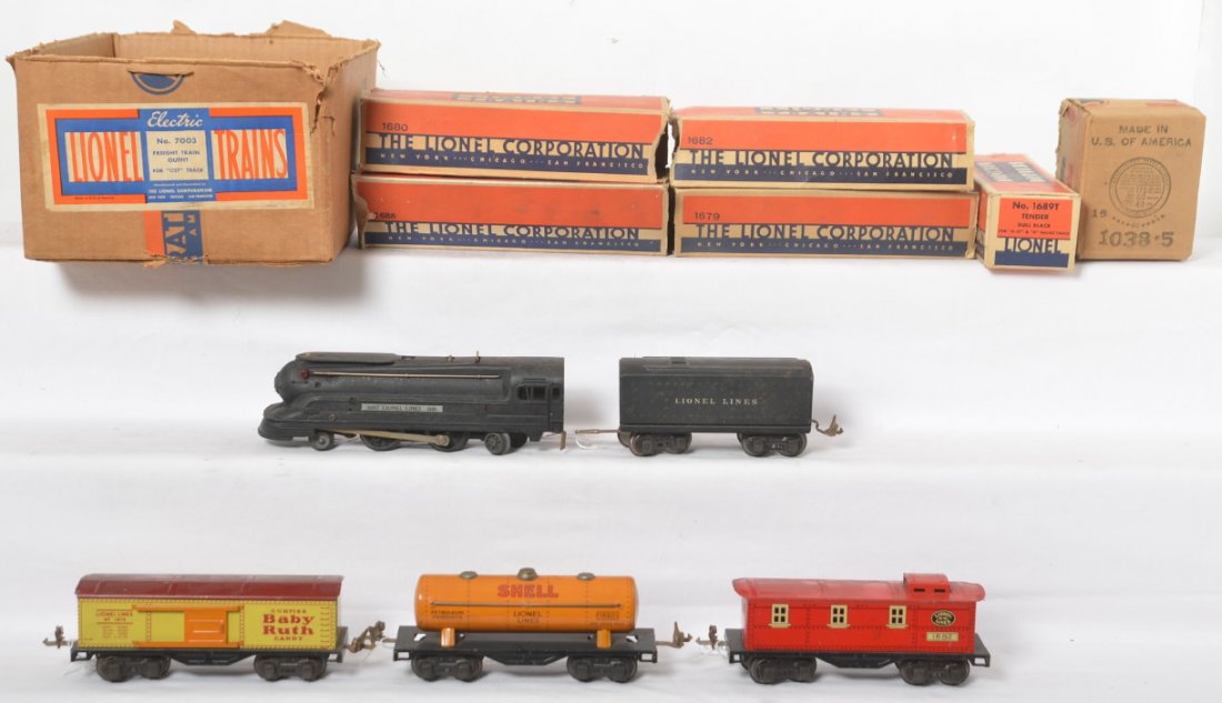 Lionel 7003 set w/1688/1689T, 1679, 1680, 1682: Prewar Lionel O gauge 7003 steam freight train in original boxes. Trains consist of: 1688 streamline steam locomotive with 1689T tinplate tender, 1679 Baby Ruth boxcar, 1680 Shell tank, and 1682 caboo