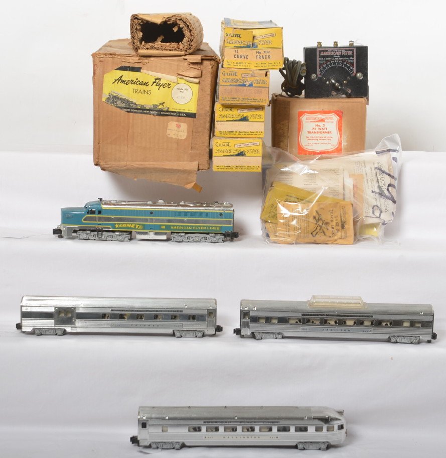 American Flyer K5334-T Comet 466 diesel passenger set: Postwar American Flyer S gauge K5334-T diesel passenger set in original boxes with 466 Comet Alco diesel PA-1 locomotive unit with 960 Columbus combine, 962 Hamilton vista dome, and 963 Washington obs
