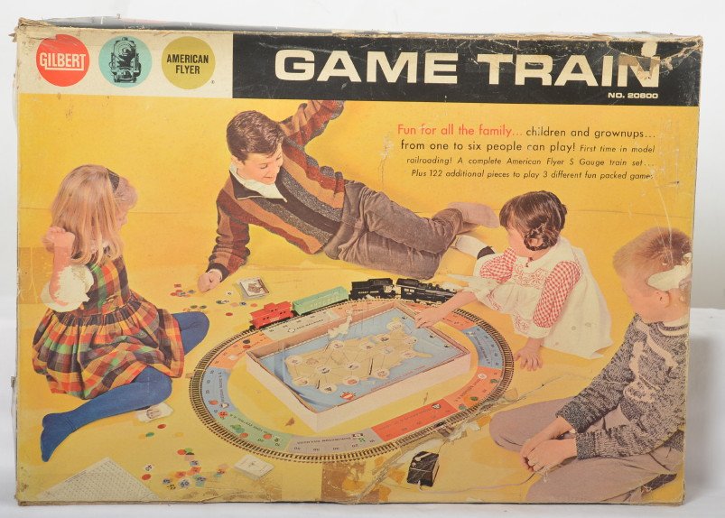 American Flyer 20800 Game Train set in original box: Postwar American Flyer S gauge 20800 Game Train set in original box. L2001 Casey Jones Game Train steam locomotive and tender with Buffalo Hunt gondola, and Freight Ahead caboose, C8. Track, paper and