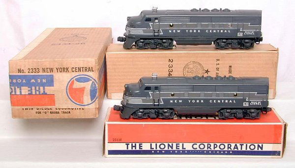 Nice! Lionel 2333 NYC F3 AA's OB/MC: Gorgeous set of Lionel 2333 New York Central F3 AA units, heat stamp version, C9+. P OB is C10, T has some tape C7, master carton looks C9 but does have EHHS 42.50 written on one side, one end of MC a